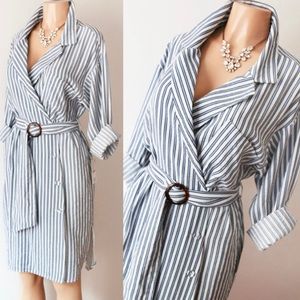 Zara Blue Stripe Belted Wrap Button Shirt Dress